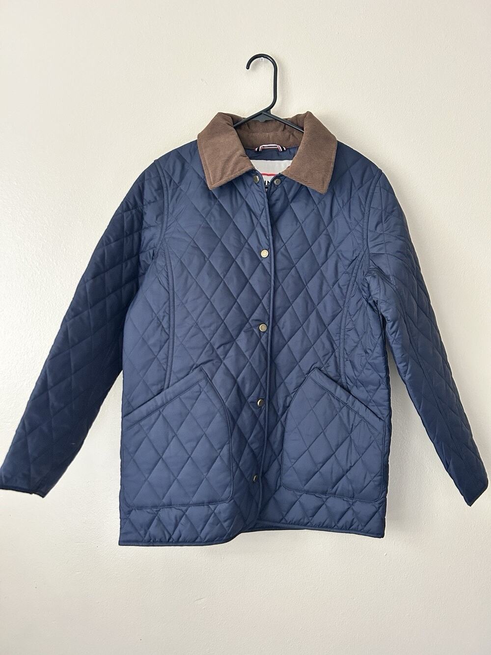 NWT Hunter Women Rachel Quilted Jacket Midnight Navy Brown Corduroy Collar S